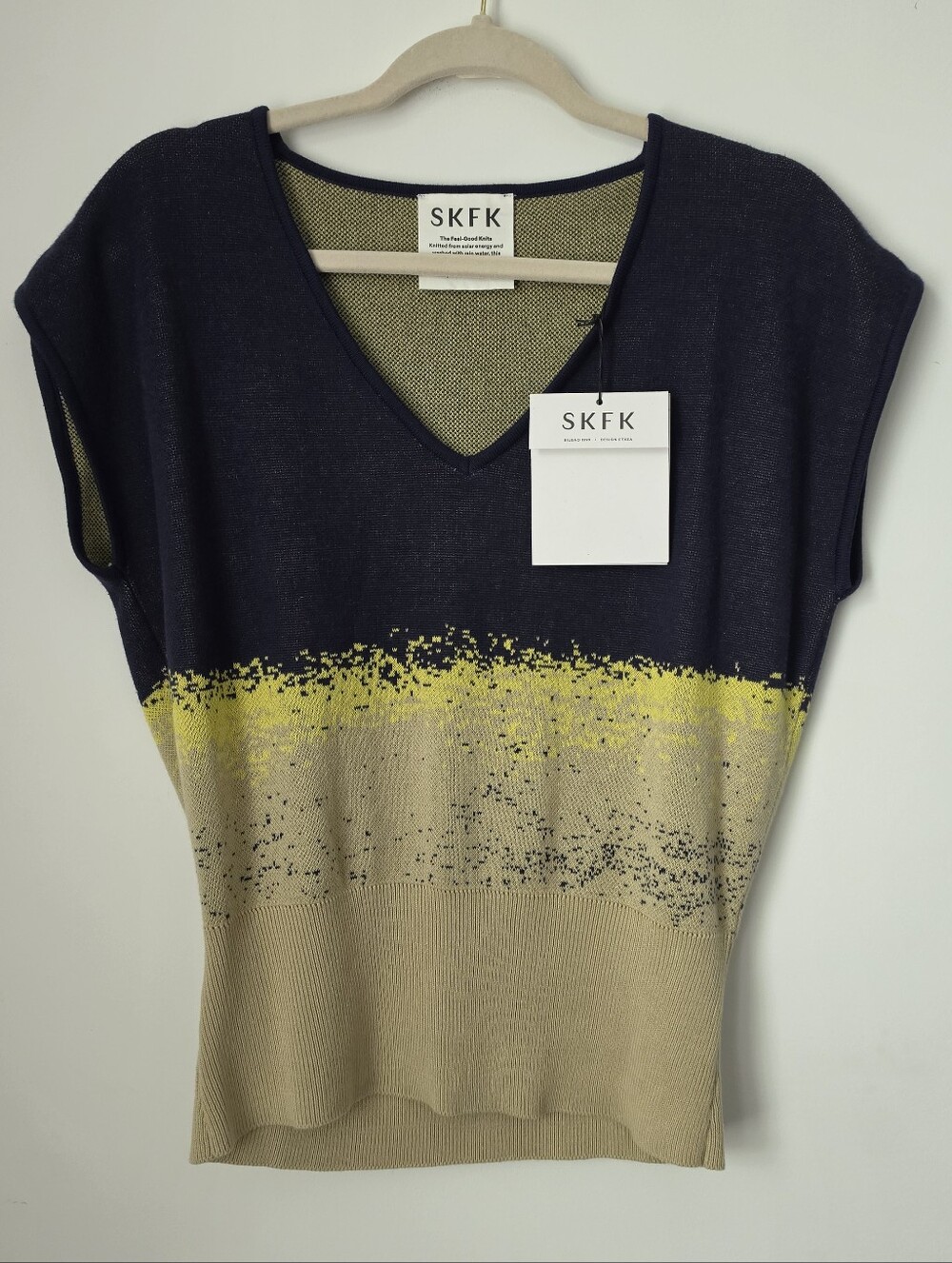 SKFK Women's V-Neck Knit Top in Navy, Yellow & Tan